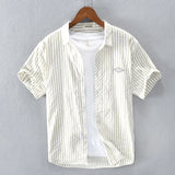 BONSIR  -  New Summer Men's Short Sleeve Shirt Fashion Thin Loose Half Sleeve Casual Youth Stripe Shirt Tops