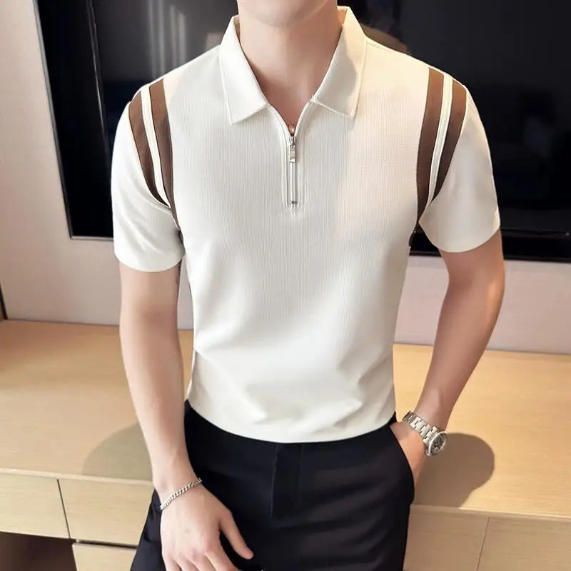 Bonsir Summer High Elastic Stripe Short Sleeve Polo Shirts Men's Business Casual Zipper T-shirt Tops Streetwear Plus Size 4XL-M