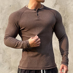 BONSIR  -  Casual Long Sleeve Solid T-shirt Gym Man Long Sleeve Henry Collar Shirt Muscle Men Elastic Ribbed Basic Tops Pullover Streetwear