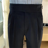 Bonsir British Style Men High Waist Casual Dress Pant Men Belt Design Slim Trousers Formal Office Social Wedding Party Dress Suit Pants