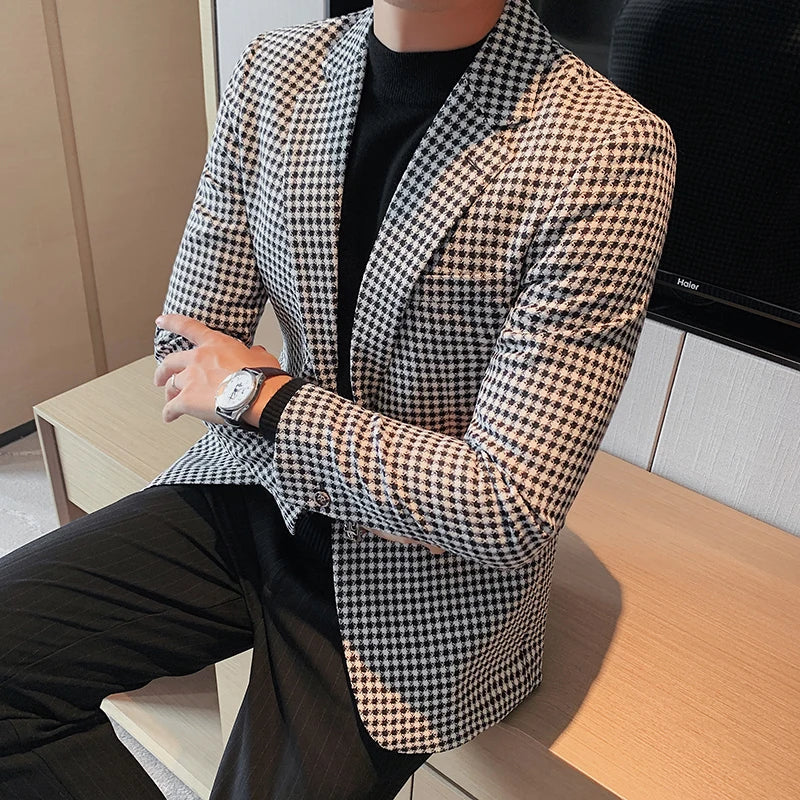 Bonsir British Style Slim Fit Houndstooth Blazer Men Fashion Business Office Wedding Dress Suit Jacket High Quality Male Blazers