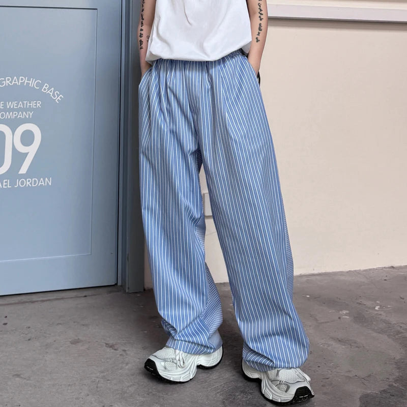 Bonsir 2024 Spring New Stripe Printed Stylish Handsome Straight Pants Original Trendy Street Korean Men Wide Leg Trousers