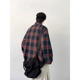 BONSIR  -  American retro white navy plaid shirt men's autumn tide brand sanding shirt coat loose casual shirt