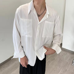 BONSIR  -  Spring Fashion See Through Mens Shirt Long Sleeve Loose Buttoned Lapel Top Shirts Men Clothes Vintage Striped Pleated Shirt