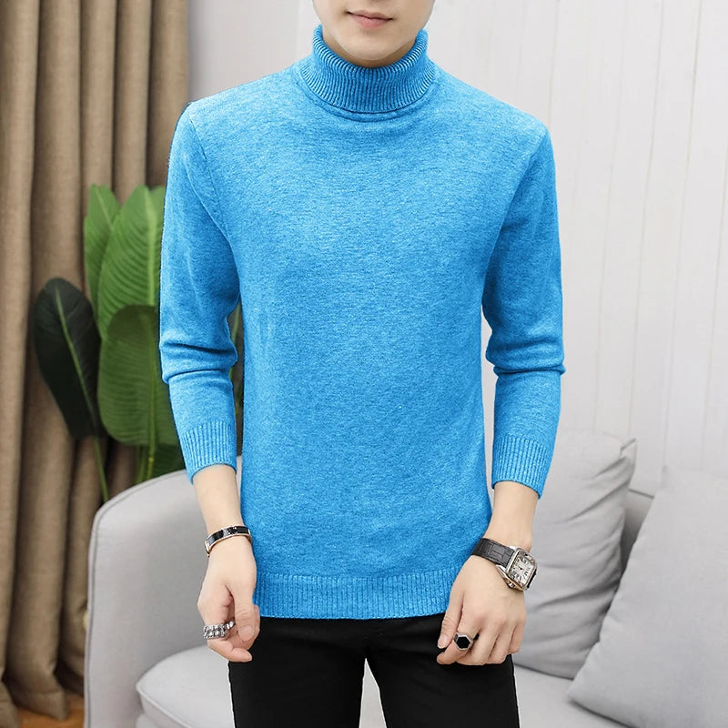 Bonsir Fall/Winter Men's Turtleneck Sweater Fashion Striped Solid Color Warm Knitted Sweater Men Double Collar Slim Fit Sweaters