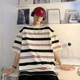 Bonsir Summer Street Men and Women Trendy Retro Stripe Round Neck Short Sleeve American Hip Hop Loose Casual T-shirt Top harajuku y2k