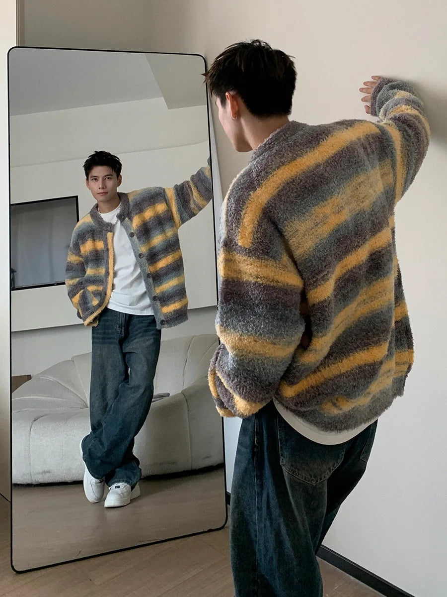 Bonsir American striped patchwork knitted cardigan sweater men's autumn winter loose long sleeved jacket top