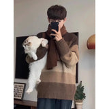 Bonsir Korean style high street men and women trendy personality retro round neck sweater couple retro loose casual knit sweater y2k