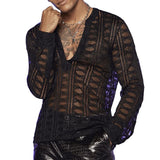 Bonsir Mens T-Shirt Fishnet See-Through Sexy T-Shirt Nightclub Party Streetwear Fashion Shaping V-Neck Long Sleeve Top Men'S Clothing