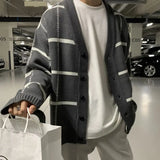 BONSIR  -  Trendy Cardigan Men's Korean Version British Checkered Striped Sweater Men's V-neck Sweater Jacket