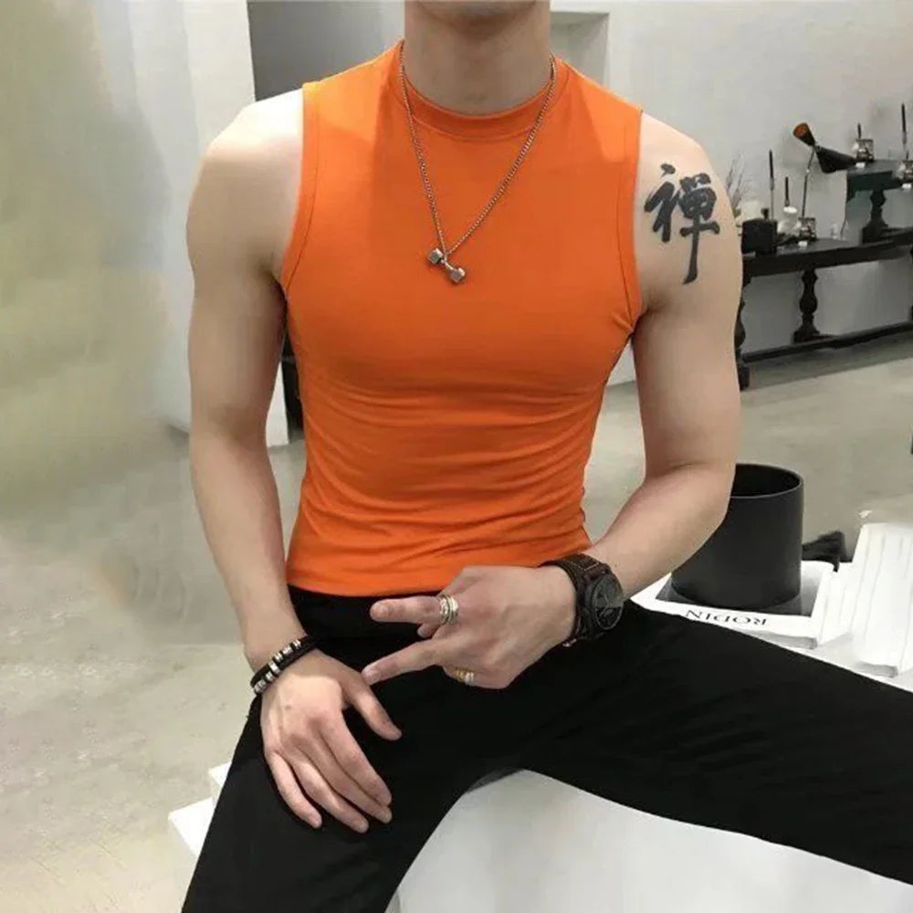 Bonsir Summer Vest Men's Trend Tight Stand Collar Sleeveless Sexy T-shirt Top American Slim Fitness Stretch I-word Vest Bottoming Shirt