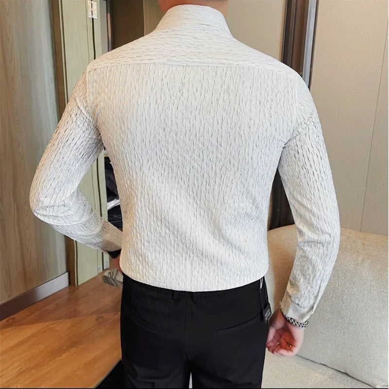 Bonsir Autumn New Striped Pleated Shirt Black White Long Sleeve Simple Slim Fit Casual Lapel Shirt Social Party Dress Men Clothing 4XL