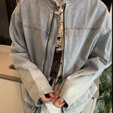 BONSIR  -  American spring and autumn Japanese retro stand collar gradient denim men and women couple zipper loose casual jacket jacket