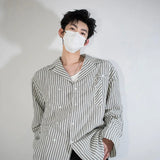 BONSIR  -  White Long Sleeved Shirt Men Fashion Society Mens Dress Shirt Korean Loose Blue Striped Shirt Mens Double Breasted Casual Shirt