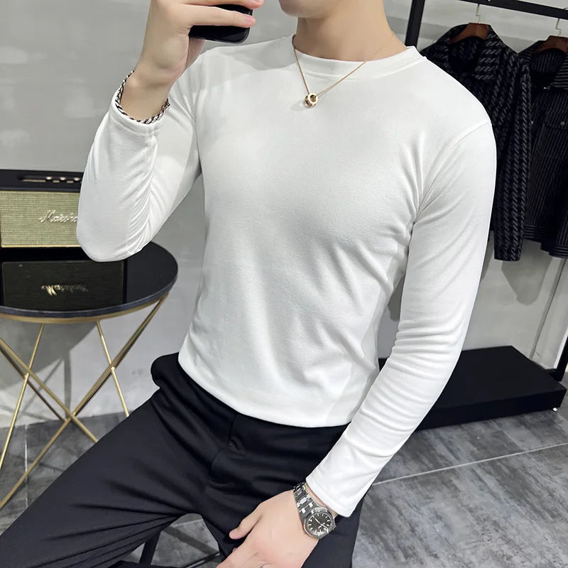 Bonsir Autumn Winter Thickened Round Neck Long Sleeved T-Shirt 2022 Korean Tops Fashion Men's Slim Double Faced Velvet Bottomed T shirt