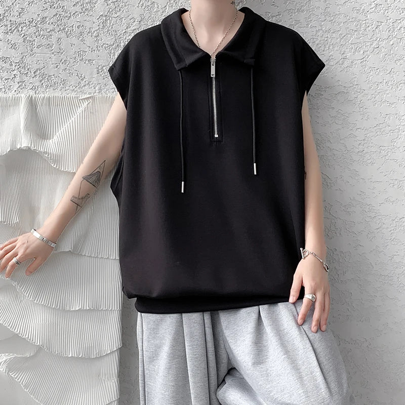 Bonsir Men Turn-down Collar Tanks Drawstring Vest Summer Simple Loose Breathable Teenager Fashion Sleeveless Casual Tops Plus Size 2XL