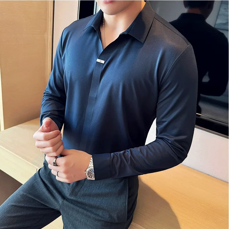 Bonsir High Elastic V-neck Non-marking POLO Shirt Autumn New Long sleeved Casual Business Solid Color T-shirt Men's Clothing