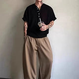 BONSIR  -  Vintage Striped Ribbed Knit T Shirts Mens Casual Henley Collar Buttoned T-shirt Men Spring Summer Fashion Slim Half Sleeve Tees