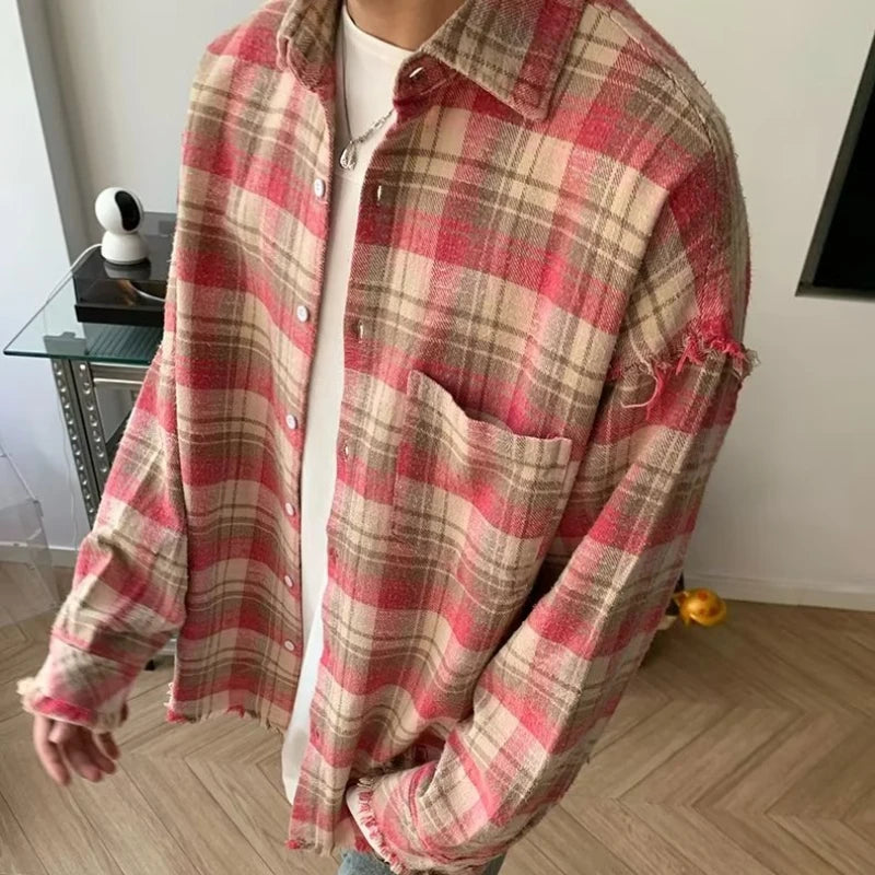 Bonsir Shirts Men Youthful Turn-down Collar Handsome Streetwear Simple Plaid Single Breasted Decent Cozy Energetic All-match Students