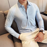 Bonsir Plus Size 4XL-M High Elasticity Seamless Shirts Men Elegant Traceless Striped Slim Fit Shirt Formal Long Sleeve Social Dress