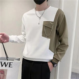 Bonsir Men Trendy Patchwork Chain Pocket Design High Street Sweatshirt Autumn Korean O Neck Long Sleeve Loose Pullover Tops Ropa Hombre