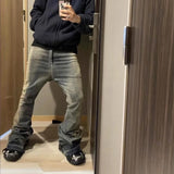 Bonsir RO Style Gradient Washed Sashes Flare Jeans Unisex Streetwear Baggy Y2K Bell-bottoms Harajuku Loose Casual Denim Trousers