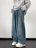 BONSIR  -  Retro Japanese Sle Dstring Loose Waist Denim Jeans for Men High Street Wide Leg Pants Youthful Trendy Long Trousers