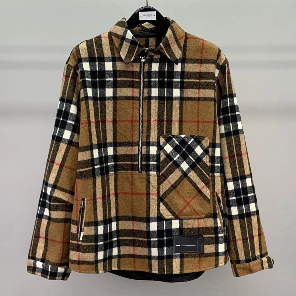 Bonsir Men's American Wool Plaid Coat Shirt Trendy Autumn Winter Striped Casual Street  Comfort Loose Color-Blocked Long-Sleeved Coat