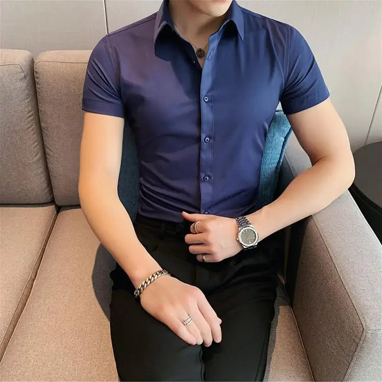 Bonsir Summer Men Fashion Casual Short Sleeve Solid Shirt Super Slim Fit Male Social Business Dress Shirt Brand Men Casual Dress Blouse