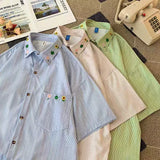BONSIR  -  Striped Embroidery Men's Short Sleeved Shirt Loose Casual Lapel Male Blouse Summer Thin Japanese Versatile Top
