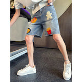 BONSIR  -  Retro hamburger fries towel embroidered denim shorts for men and women loose summer new straight wide-leg five-point trousers