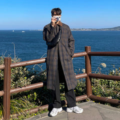 Bonsir Harajuku Men's Clothing Casual Loose Long Winter Woolen Jackets Cashmere Turn Down Collar Plaid Wool Blends Coats Men Y34