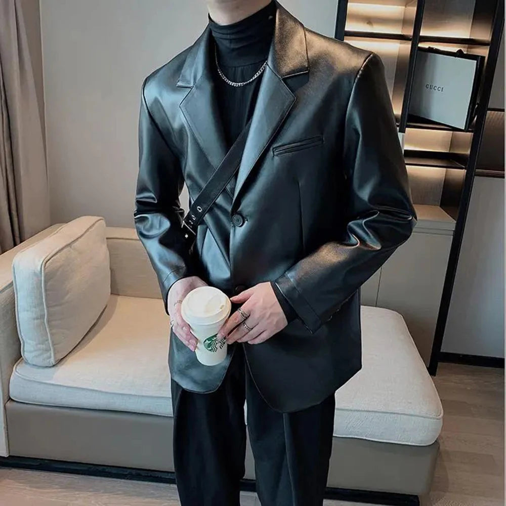 Bonsir Autumn And Winter Niche Design Mens Retro Leather Suit Leather Jacket Men'S Loose Trend British Shoulder Strap Jacket