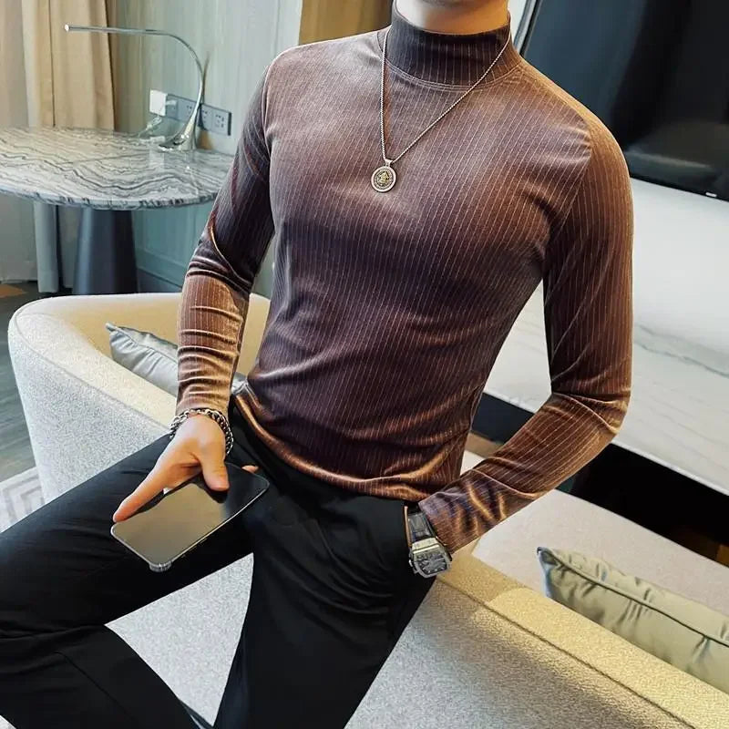 Bonsir Autumn Winter Saddle Shoulder Corduroy T Shirts Korean Luxury All Match Elastic Stripe Slim Fit Men's Long Sleeve Tees