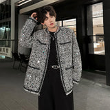 Bonsir Korean Fashion Shiny Sequin Jacket Sliver Round Collar Long Sleeve Jackets Coats Autumn New Ladies Gentleman High Street