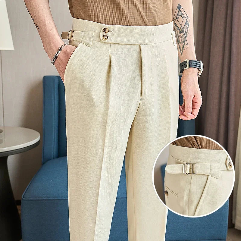 Bonsir British Style Naples Men's High-end Linen Pants High Waist Straight Slim Fit Casual Trousers High Quality Solid Social Suit Pant