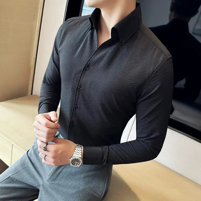 Bonsir Autumn New Waffle V Neck Shirt Men's Long Sleeve Standing Neck Slim Fit Business Formal Dress Shirt Social Tuxedo Shirt Top