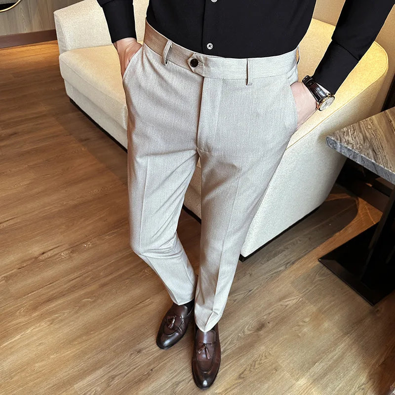 Bonsir Autumn New High Waist Solid Casual Dress Pants Men High Quality Slim Suit Pants Formal Wedding Social Party Trousers