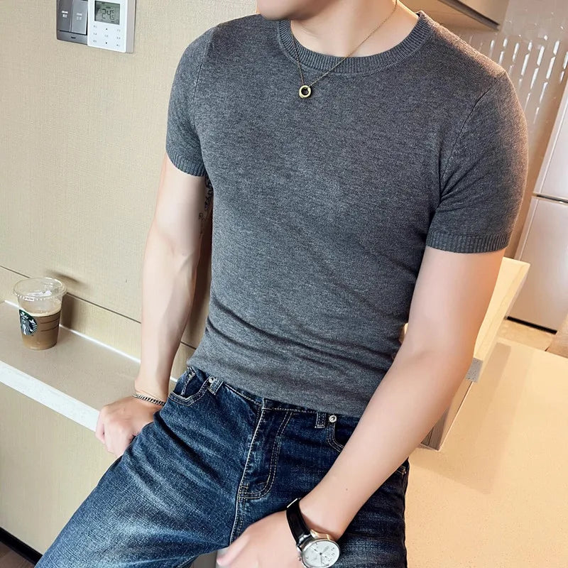 Bonsir 8 Colors Summer Round Neck Knitwear T Shirts Korean Slim Fit Solid Color Short Sleeve Men's T-Shirt Breathable Casual Tee Shirt