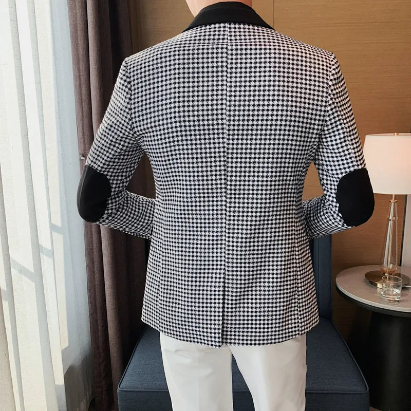 Bonsir Autumn Winter Korean  Houndstooth Blazer Jackets Fashion Color Matching Lapel Design Casual Men's Plaid Suit Coat Tuxedo