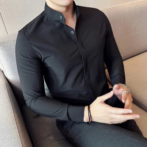 Bonsir Autumn New Stand Collar Solid Slim Shirts Mens Hide Buttons Design Luxury Long Sleeve Party Wedding Business Dress Shirts