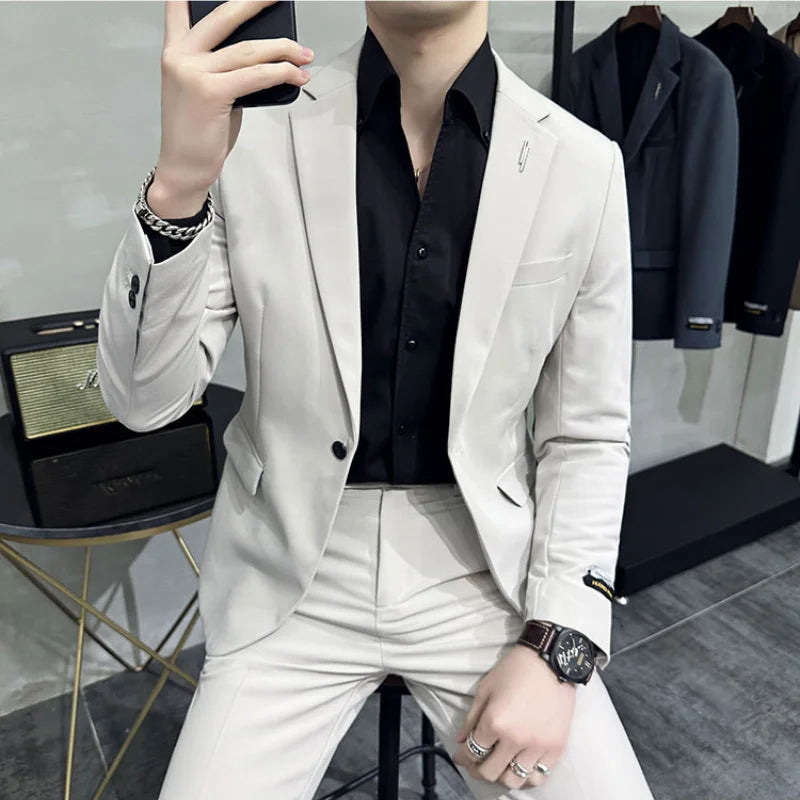 Bonsir (Jacket+Pant) Handsome Casual Beige 2 Piece Suit For Men Wedding Tuxedos Men Slim Fit Suits Business Party Prom Dress Homme 4XL