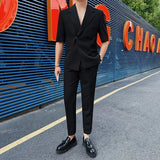 Bonsir Summer Side Button Short Sleeved Suit Men Slim Fit Business Casual Solid Color Loose Suits Homme (Jacket + Pants+Belt)