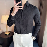 Bonsir High Quality Jacquard V-neck Shirt Men's Long Sleeved Slim Fit Casual Business Social Party Tuxedo Dress Shirts Black/White 4XL