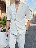 Bonsir Summer Side Button Short Sleeved Suit Men Slim Fit Business Casual Solid Color Loose Suits Homme (Jacket + Pants+Belt)