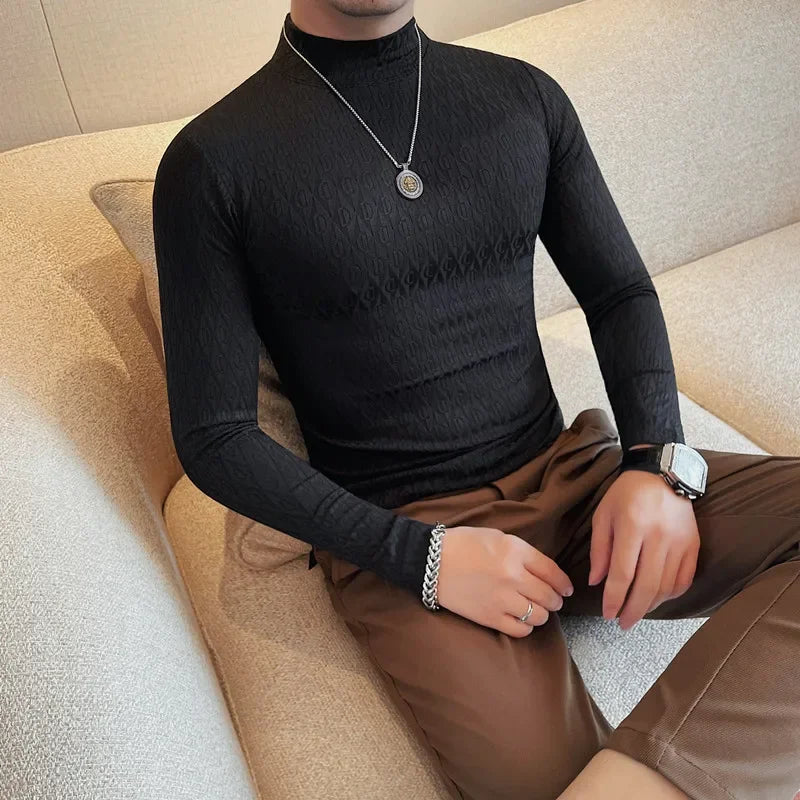 Bonsir Autumn New Semi Turtleneck Elastic T-shirt Men Fashion Striped  Long Sleeves Slim Fit Tight-Fitting Solid Color Casual Plaid Tee