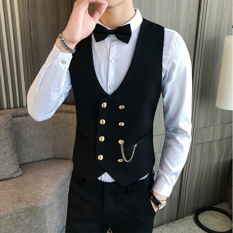 Bonsir Latest Style Double Breasted Men Suit Vest Gold Button Slim Fit Formal Groom Wedding Vest Streetwear Sleeveless Vest Jacket