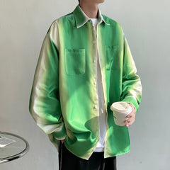 Bonsir Men's Gradient Green Long Sleeve Shirts Korean Loose Fashion Casual Shirt Oversize Shirt Front Pockets High Quality Clothing