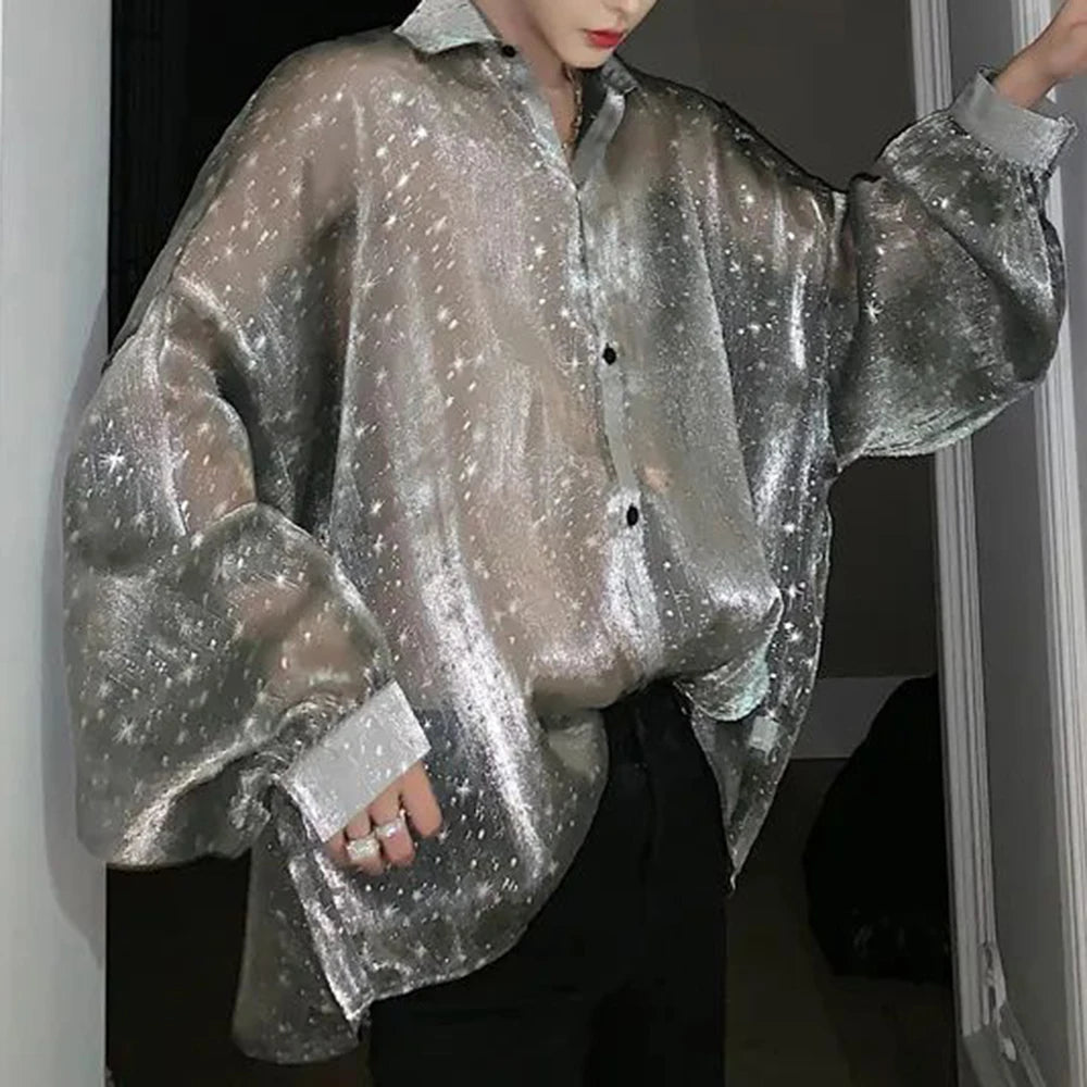 Bonsir 2024 New Starry Sky Mesh Sexy Long-sleeved Shirt Men's Loose Oversize Lapel Shirt Top Sun Protection Shirt See-through Blouse