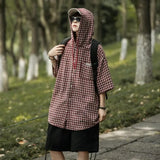 BONSIR  -  Men's Plaid Shirt Hooded Half Sleeved Fashionable Top Japanese Casual Single Breasted Short Sleeved Male Coat